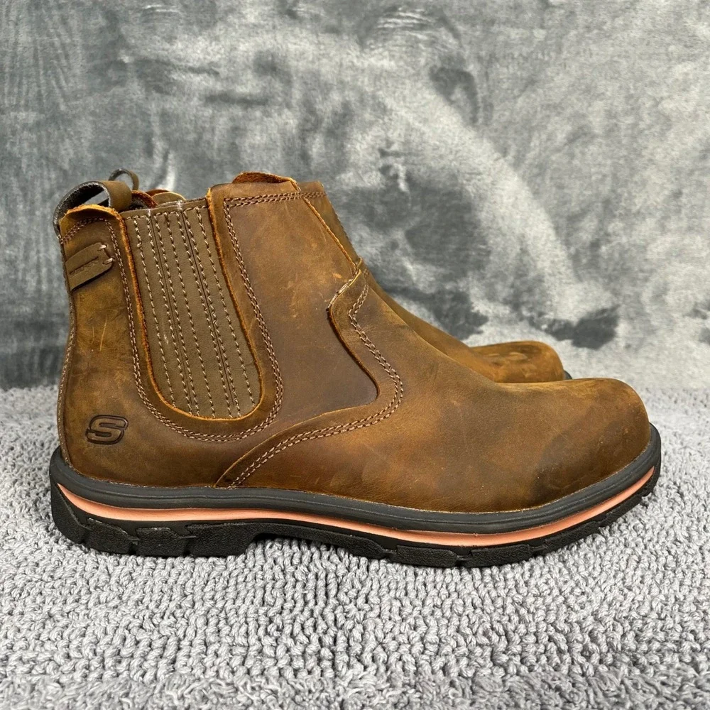 Skechers Relaxed Fit Mens 9.5 Brown Leather Chelsea Work Boots 64263 CDB